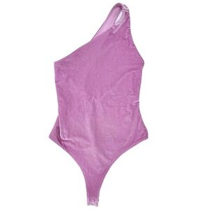 Fabletics One Shoulder Diagonal Open-Back Purple Velour Bodysuit – 'Gigi', S